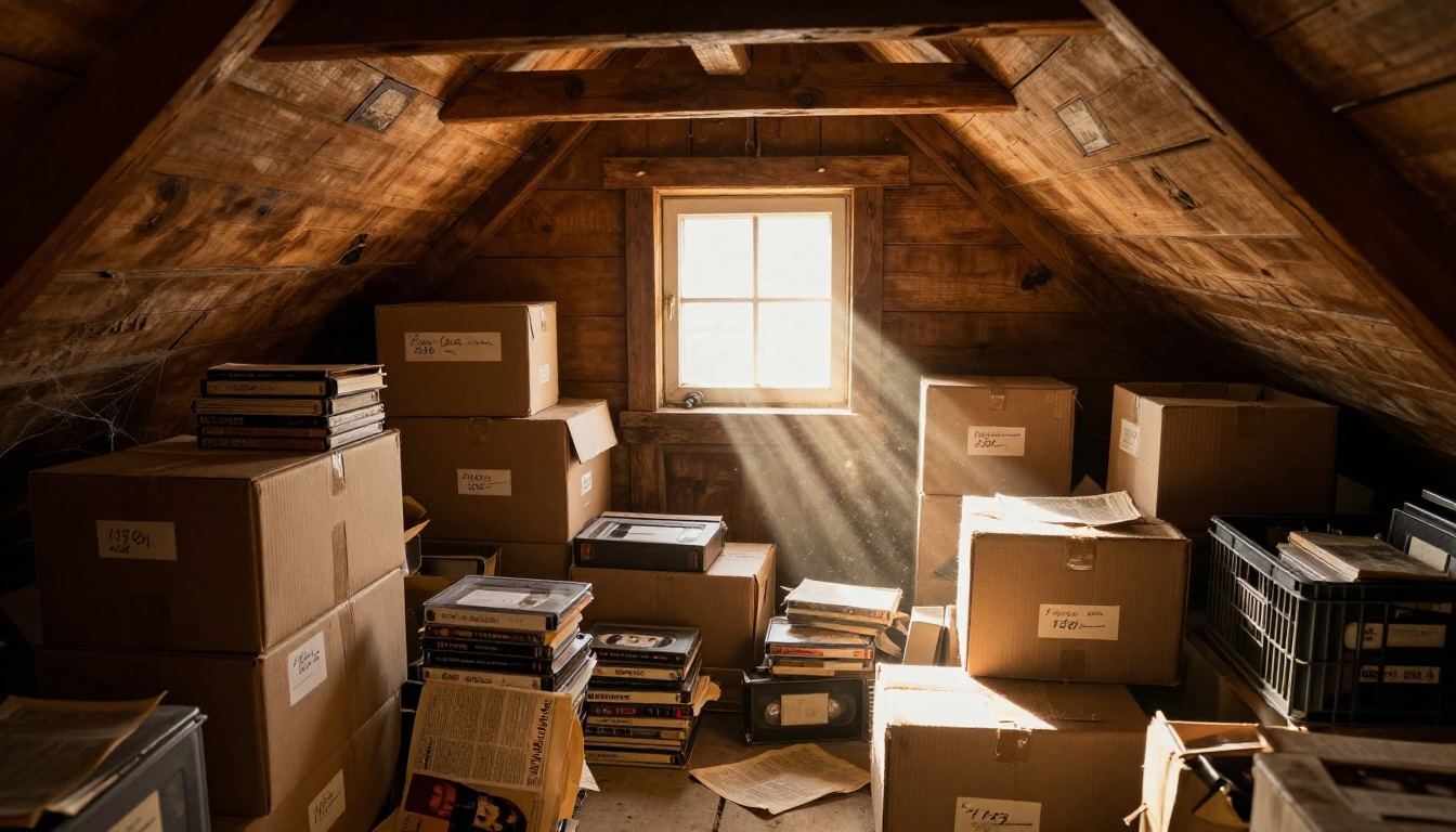 Dusty attic full of old VHS tapes in cardboard boxes