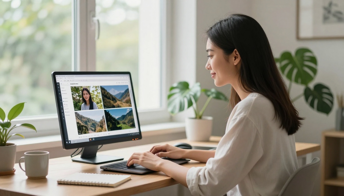 Young woman with a satisfied smile using a laptop showing an AI video correction tool dashboard with before-and-after exposure results