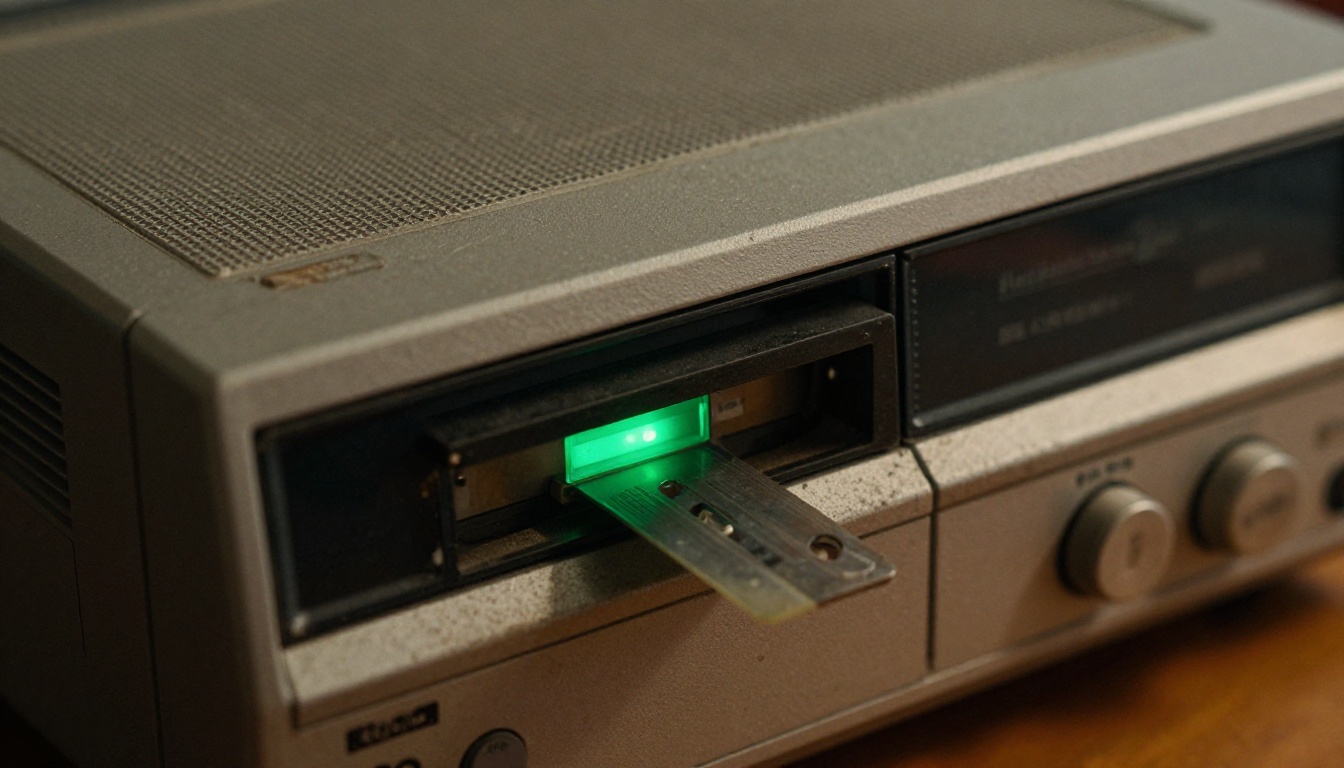 Close-up of a vintage VCR player with tape being inserted