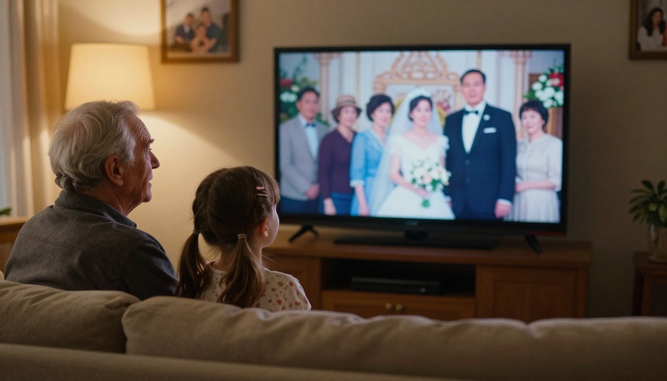 Grandfather and granddaughter watching restored family videos together