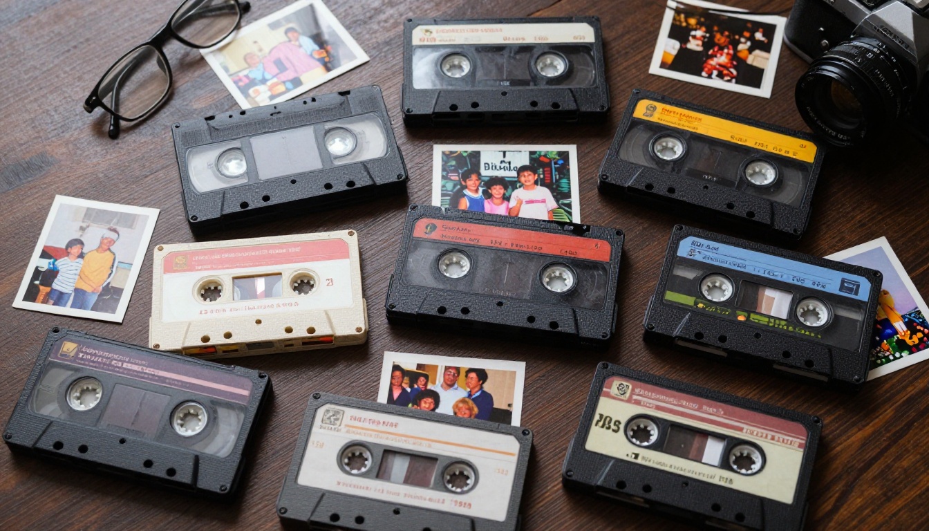 Overhead flat-lay of multiple VHS tapes on a dark wooden surface
