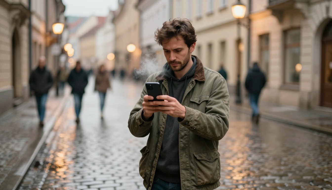 Man in olive jacket filming on wet cobblestone street in European old town