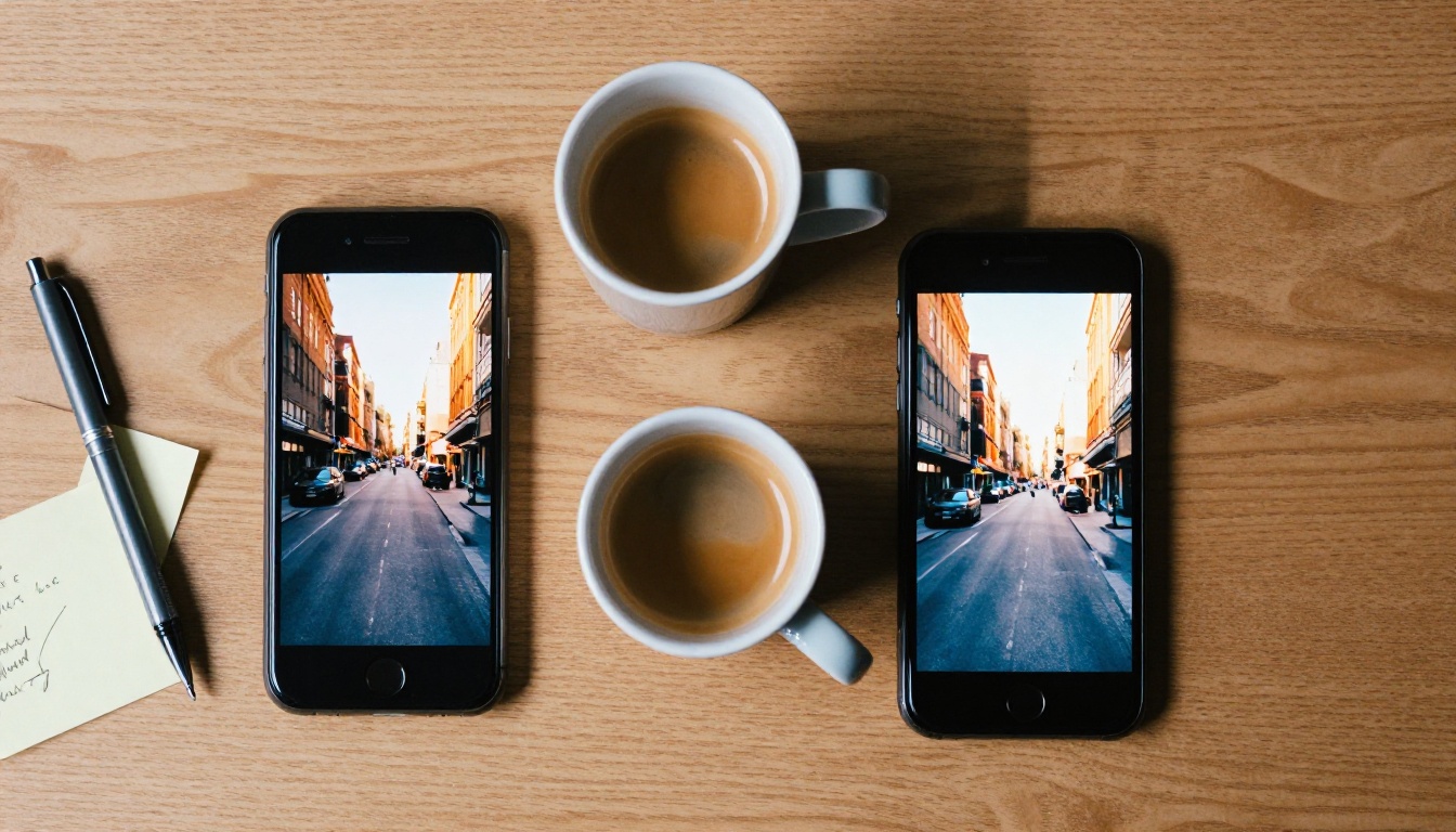 Two smartphones side by side showing before and after video enhancement
