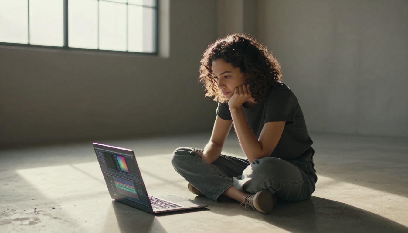 Woman editing video on laptop in a loft apartment with afternoon rim light