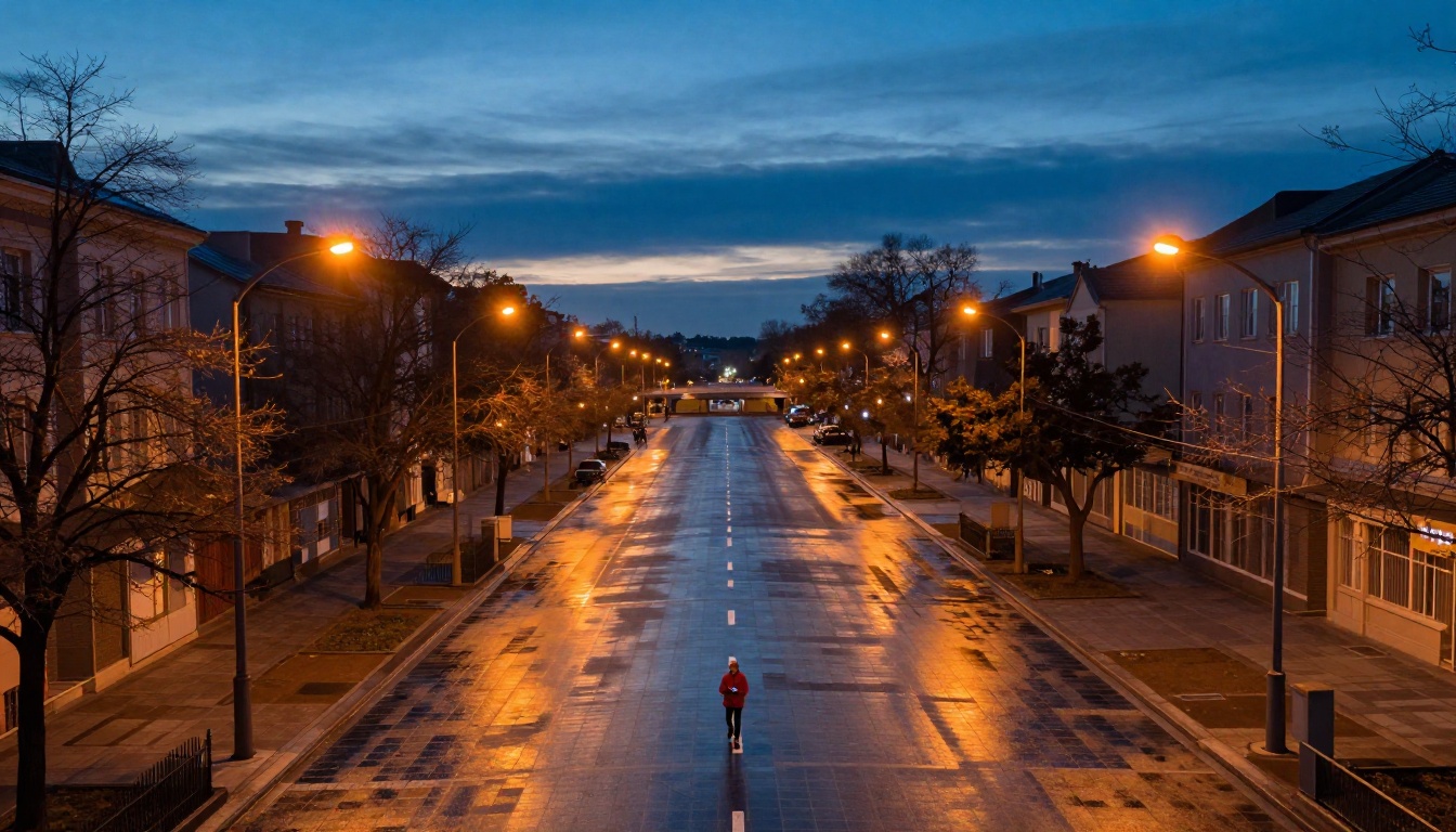 Aerial night street with cinematic warm and cool lighting reflections