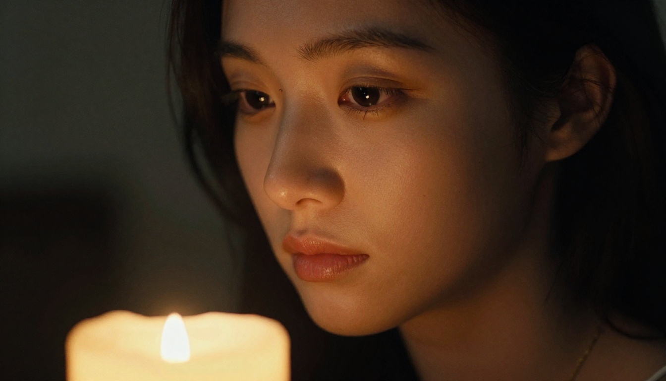 Close-up candlelight portrait showing cinematic depth of field and chiaroscuro lighting