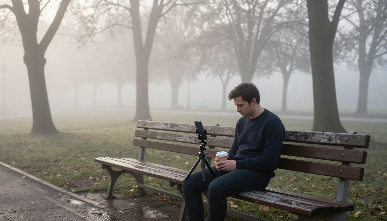 Man sitting on a park bench with phone on tripod in morning mist
