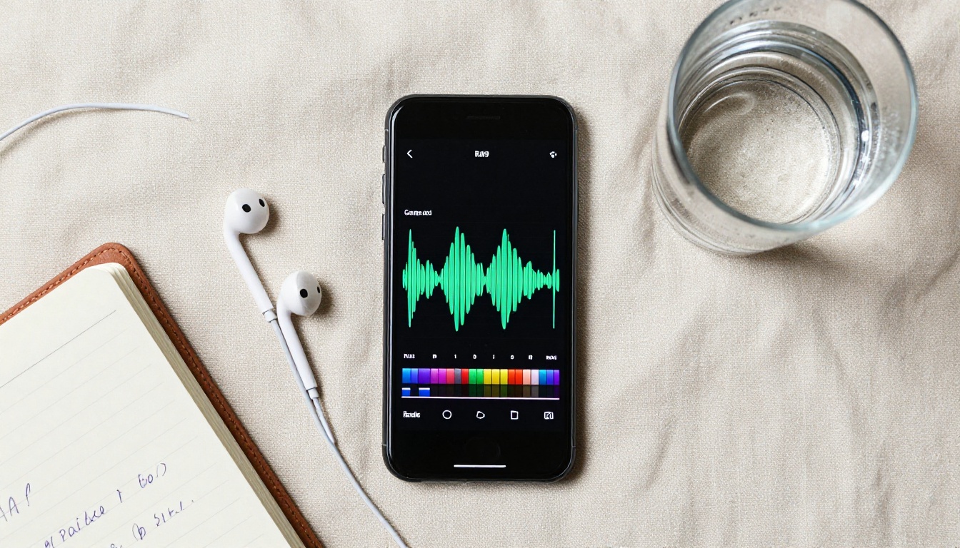 Flat lay of phone with audio waveform timeline, earphones, and notebook on linen