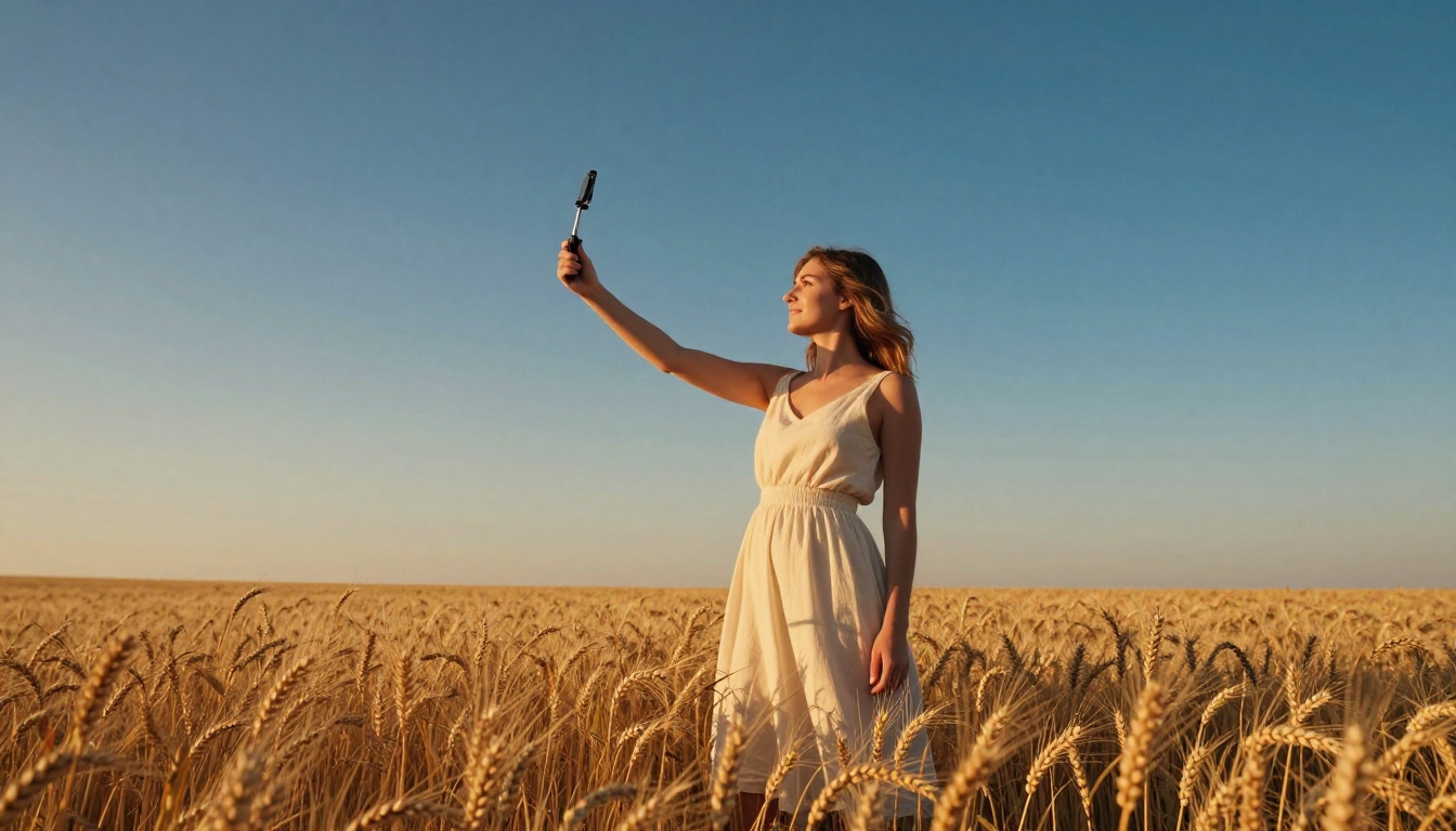 Young woman filming in golden wheat field at magic hour with selfie stick