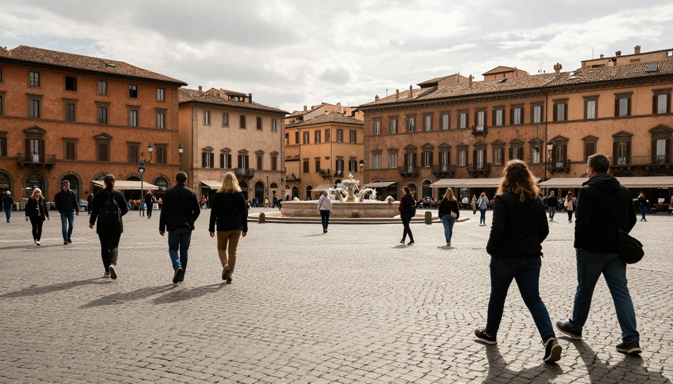 Busy tourist square crowded with people in front of a historic stone fountain plaza