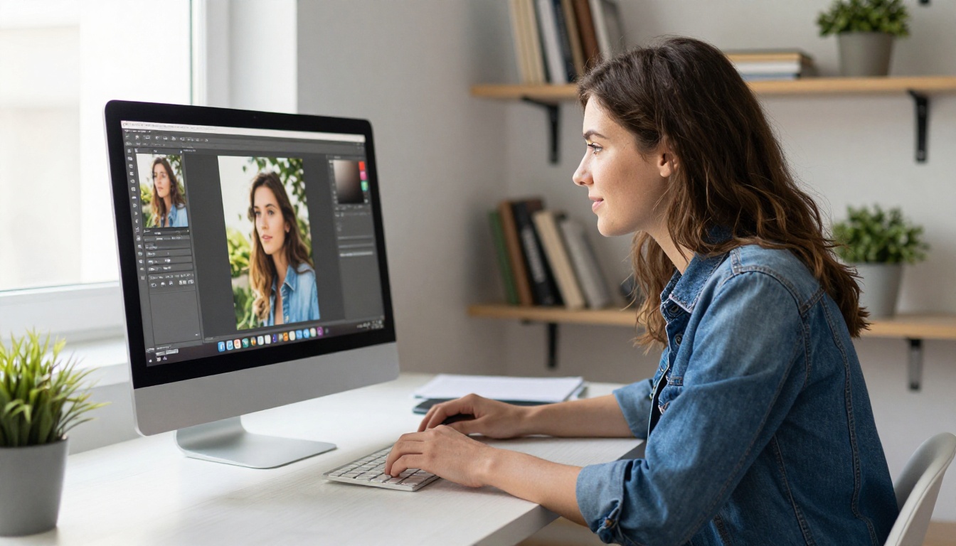 Young woman with focused expression editing photos on large desktop computer at home office