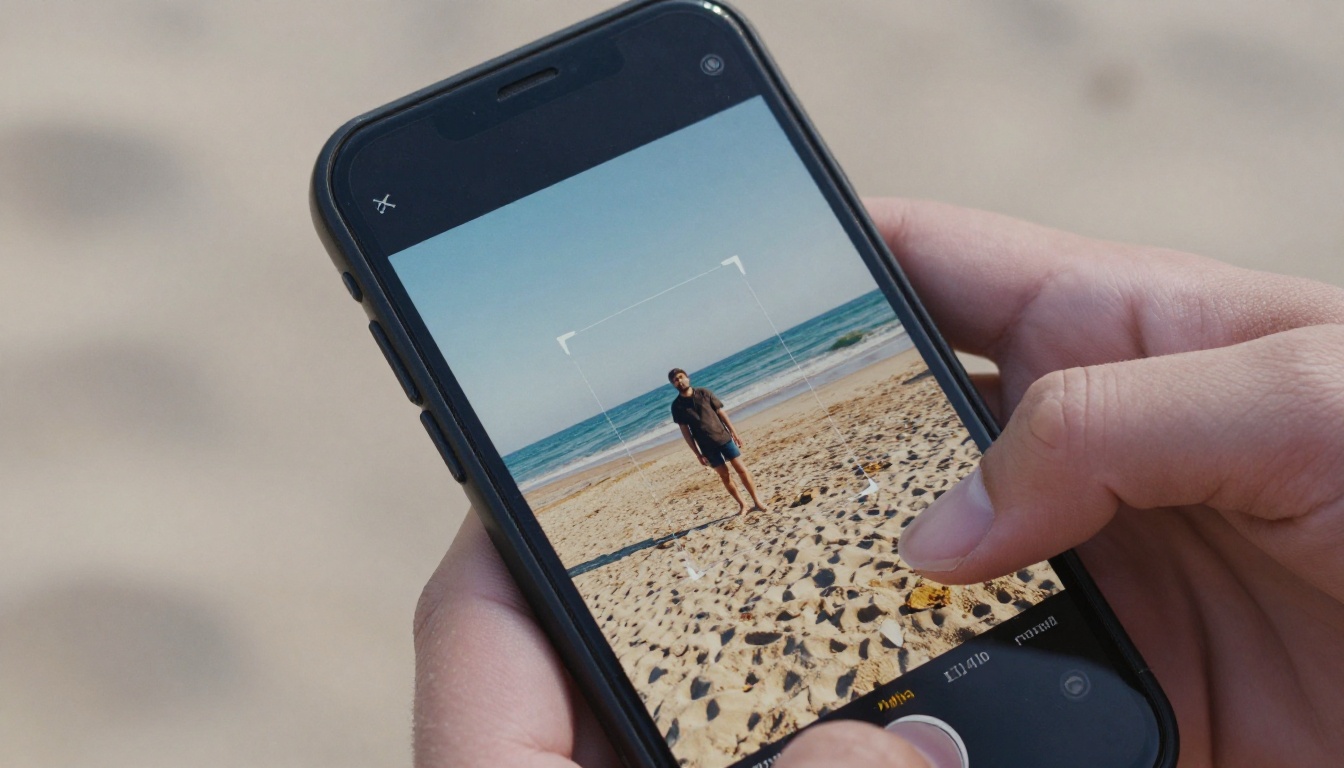 Extreme close-up top-down view of smartphone screen with selection lasso tool around unwanted person on beach photo