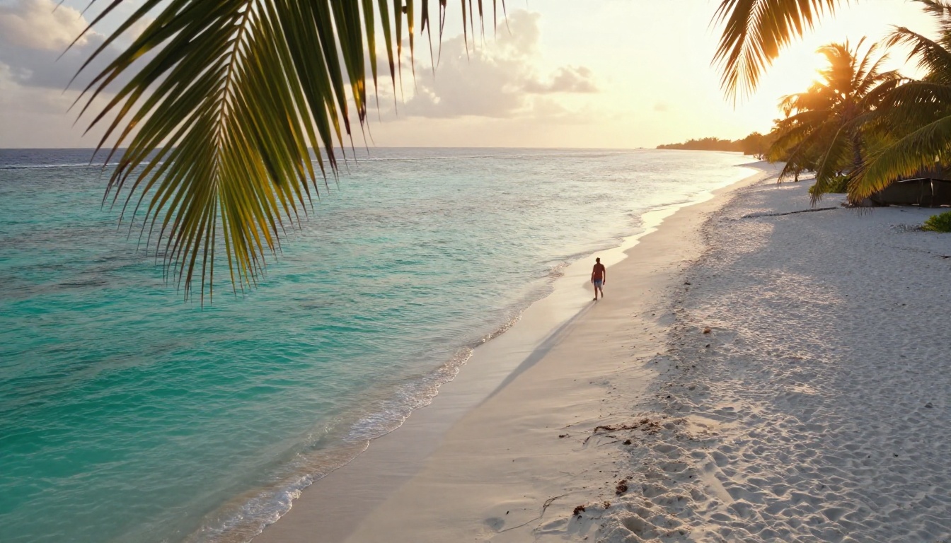 Stunning tropical beach at golden hour with a lone figure selected for AI removal