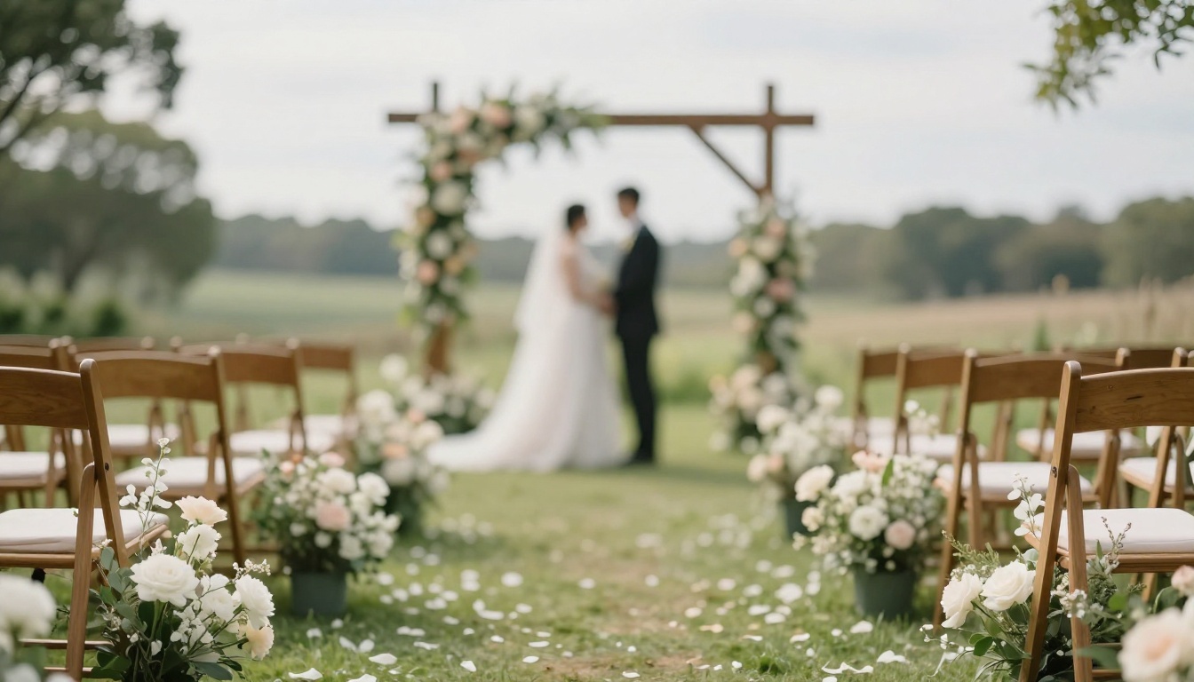 Outdoor garden wedding ceremony with wooden chairs on grass, background figure needing removal