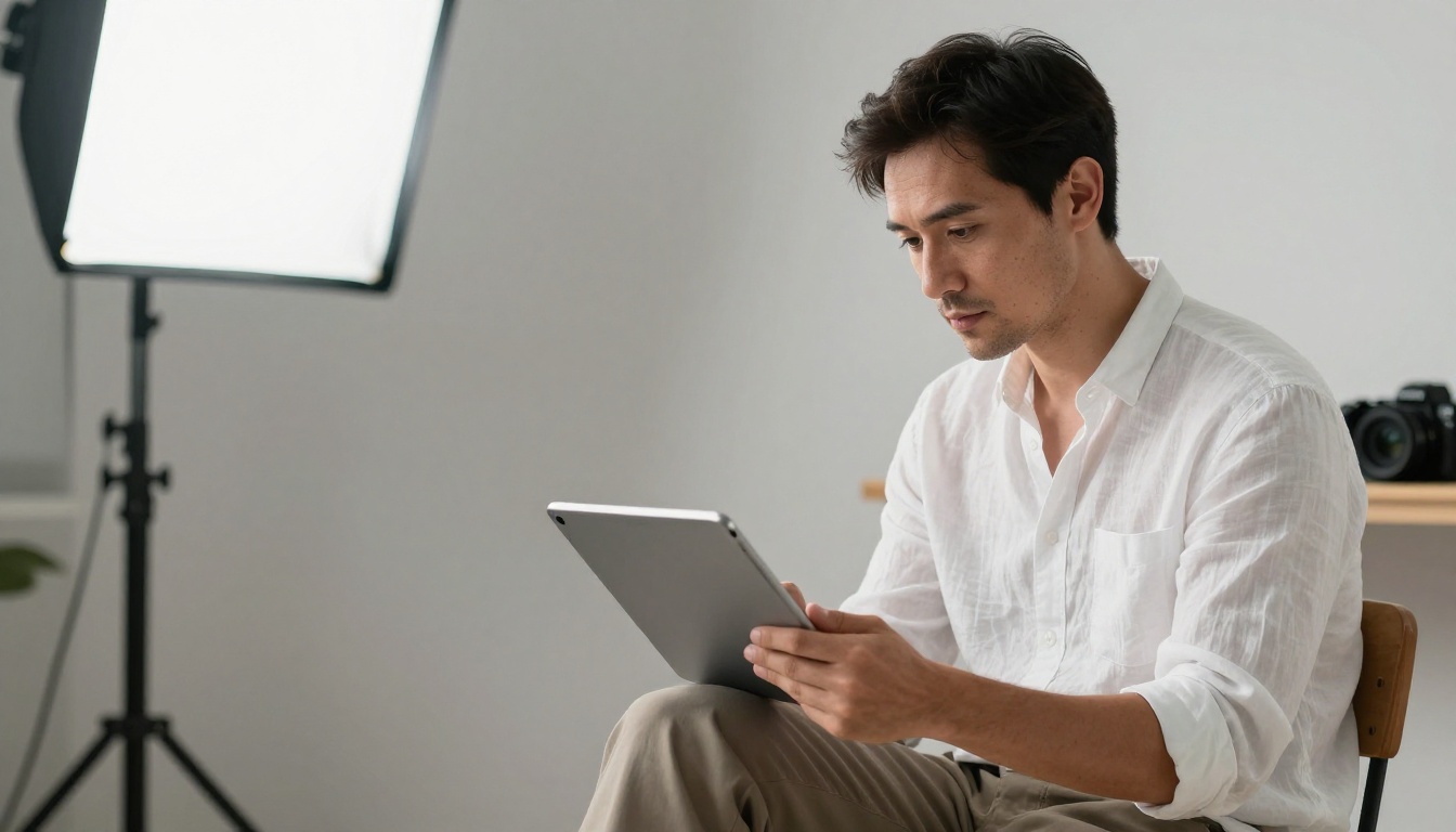 Professional photographer reviewing before and after comparison photos on tablet in bright studio