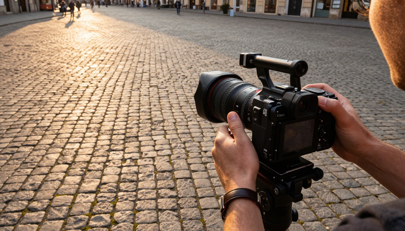 Filmmaker shooting in a European plaza, achieving a clean empty background through AI object removal