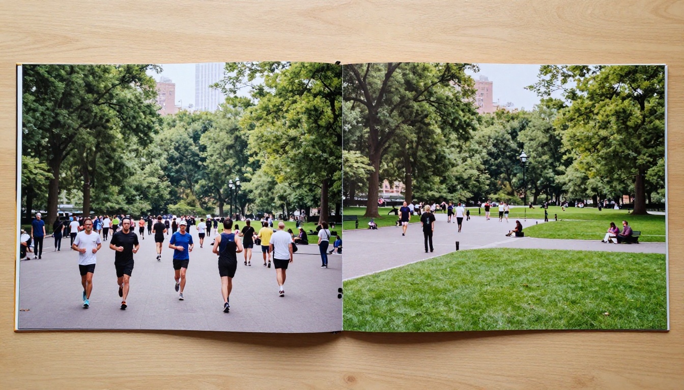 Flat lay side-by-side comparison print photo showing crowded city park before and empty park after AI removal