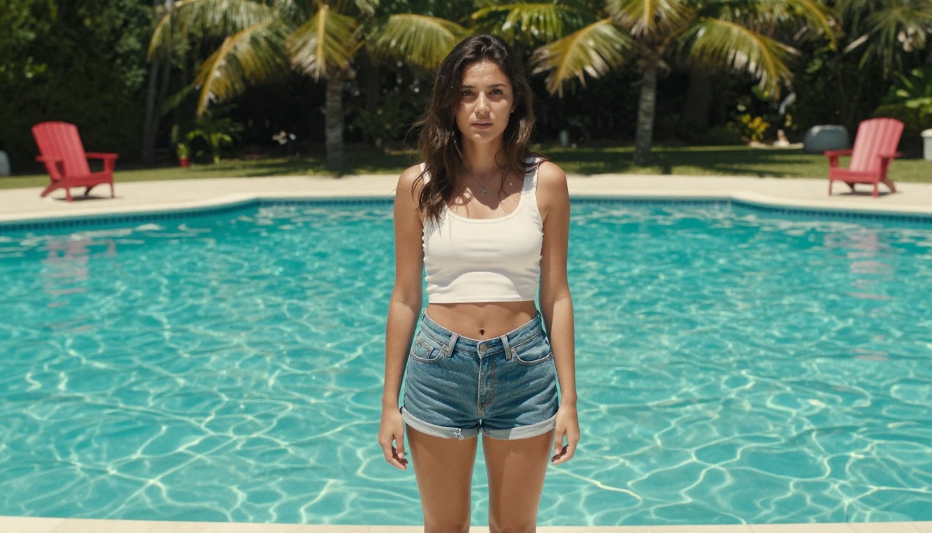 Content creator filming at a pool with a clean background after AI object removal