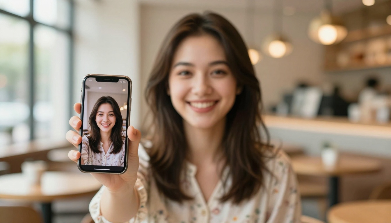 Happy young woman smiling while showing her perfectly cleaned-up photo on smartphone in bright modern cafe