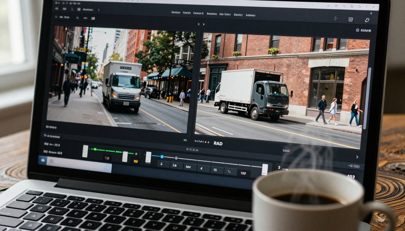 Split-screen comparison showing before and after video object removal on a laptop editor