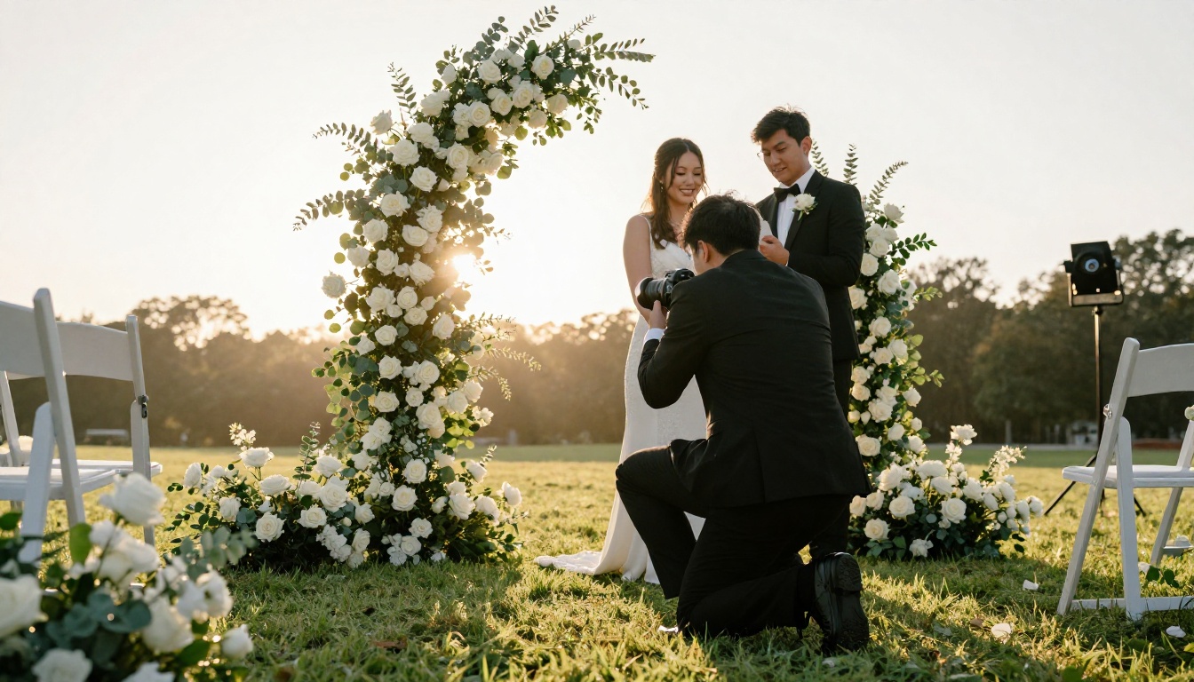 Wedding videographer filming a clean ceremony with all production equipment removed from frame