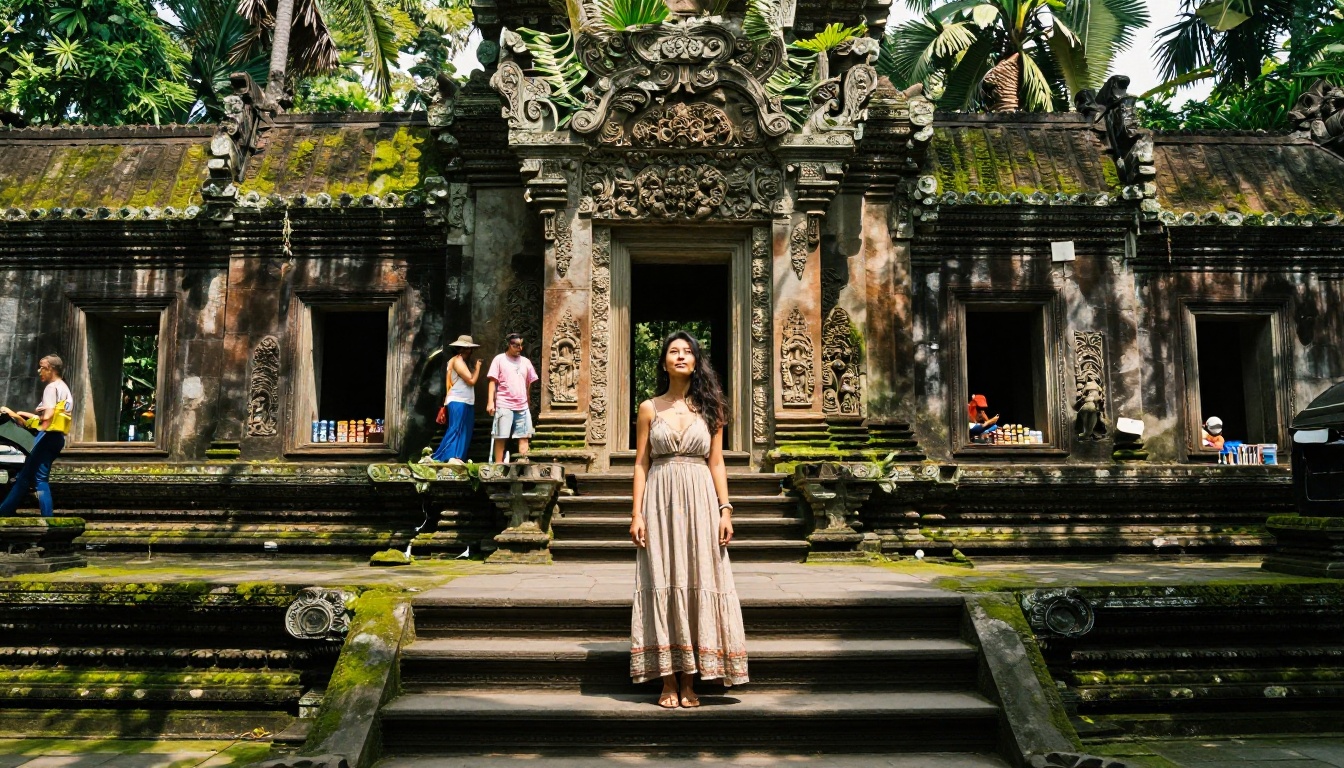 Travel blogger at a Southeast Asian temple with all tourists and vendors completely removed