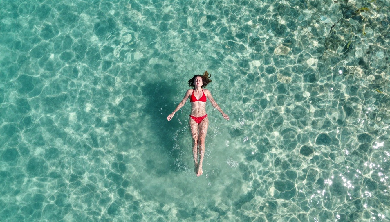 Aerial view of a woman floating alone in turquoise ocean water, all other swimmers cleanly removed