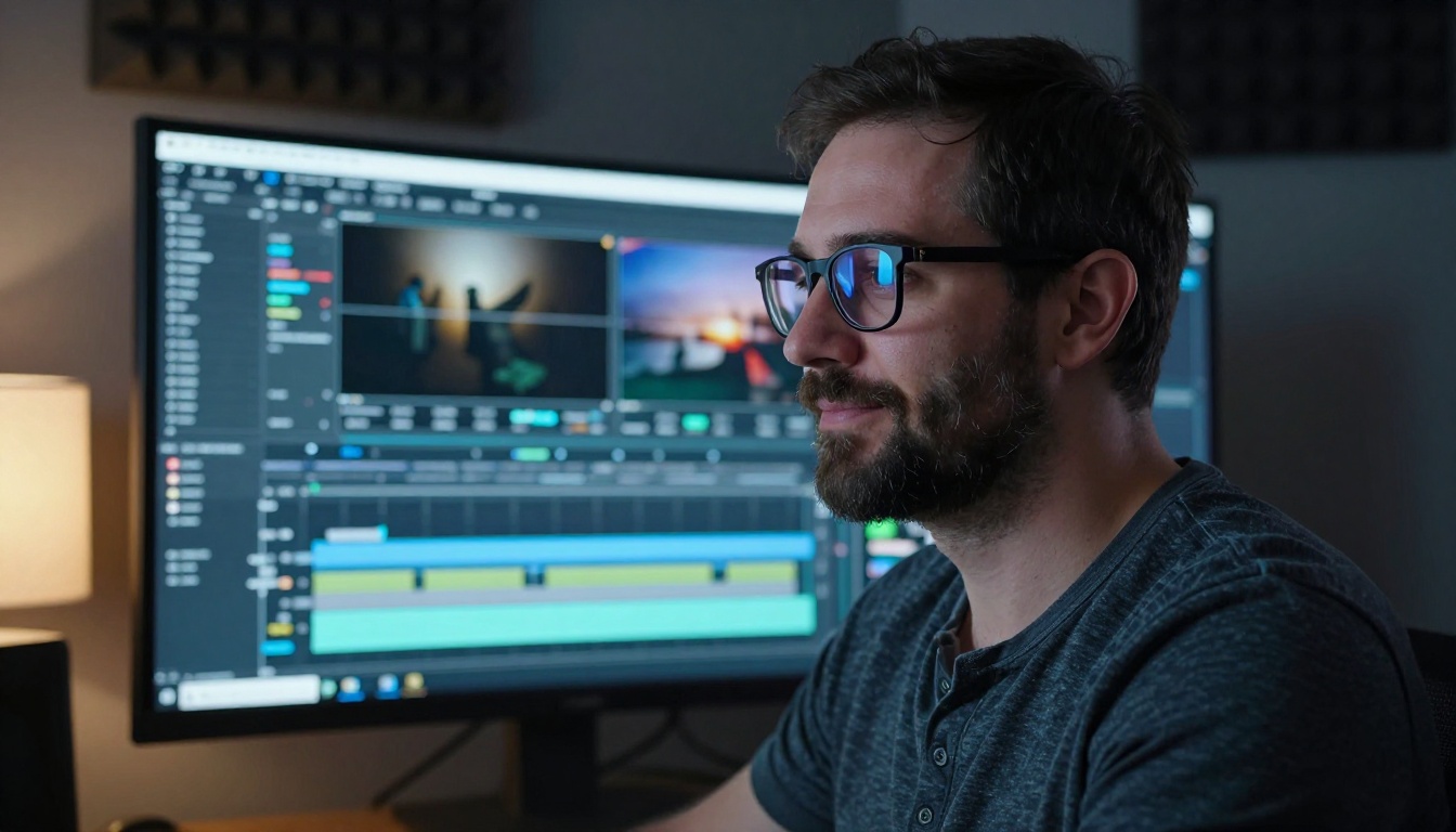 Male video editor reviewing object removal results on a large curved ultrawide monitor