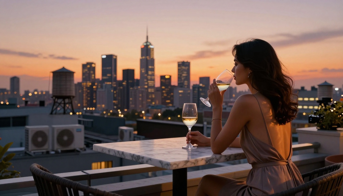 Woman in elegant dress on a rooftop terrace at dusk with all power lines and clutter erased from the skyline