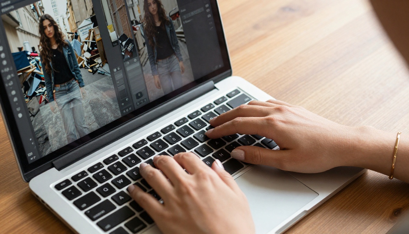 Hands editing photos on laptop with before-and-after background removal visible on screen