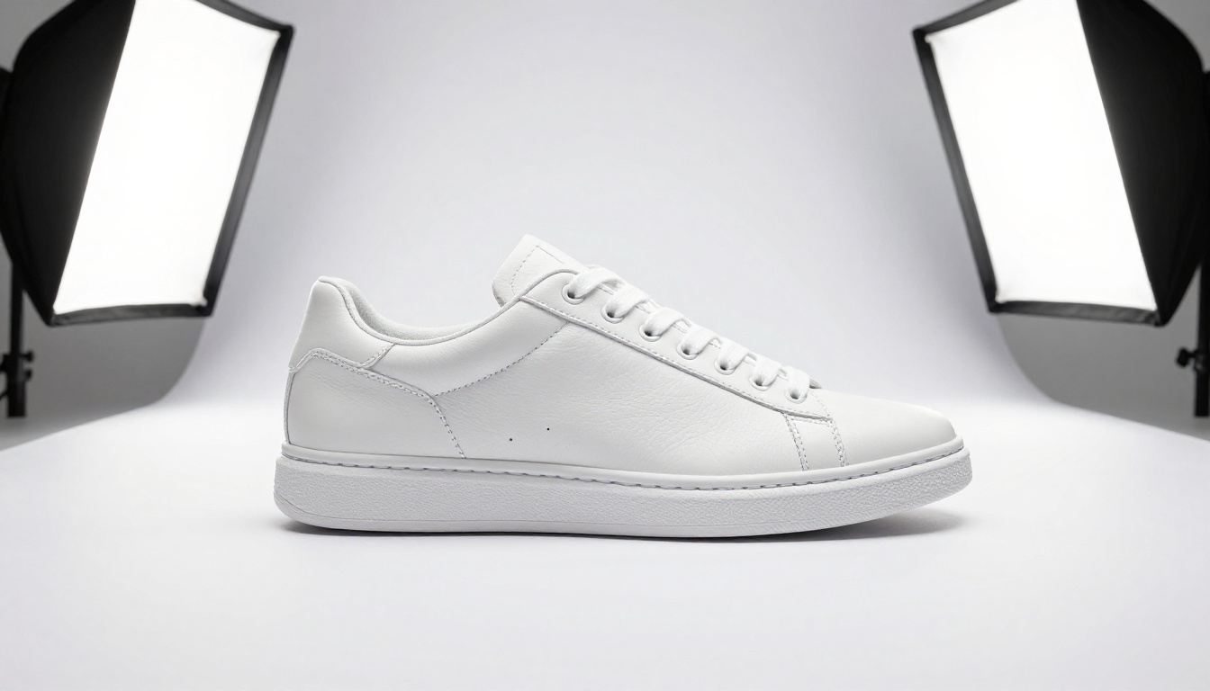 Clean product photography with AI-removed background showing a pristine white leather sneaker