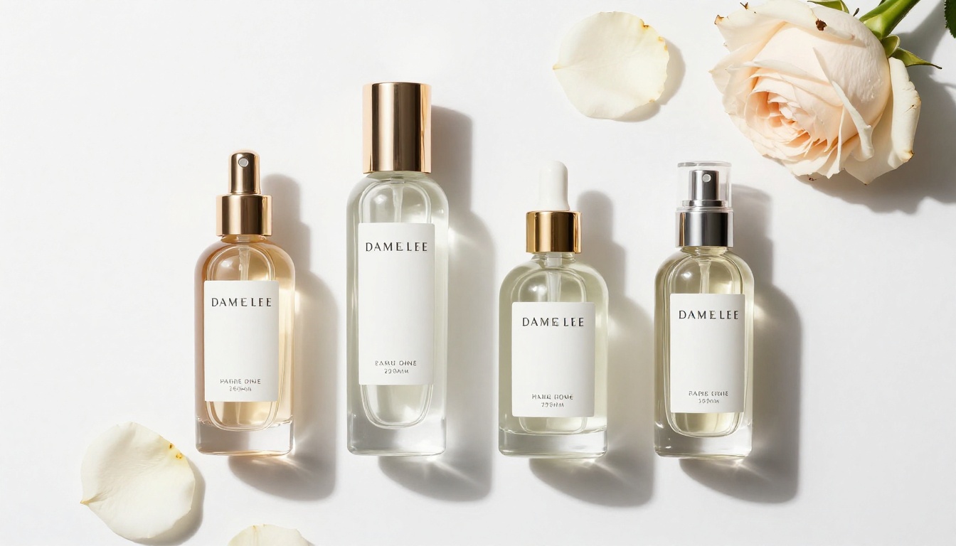 Luxury skincare and perfume products on a clean pure white background with preserved glass reflections