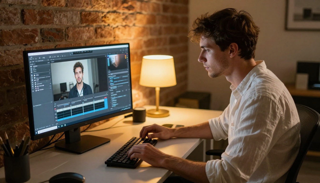 Professional man focused on editing portraits at his desktop computer with warm amber studio lighting Professional man focused on editing portraits at his desktop computer with warm amber studio lighting