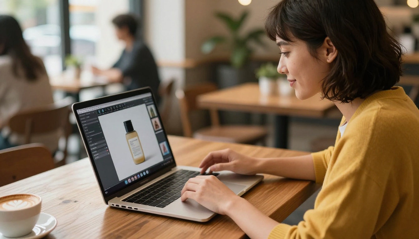 Content creator editing product photos on laptop in a warm cafe setting Content creator editing product photos on laptop in a warm cafe setting