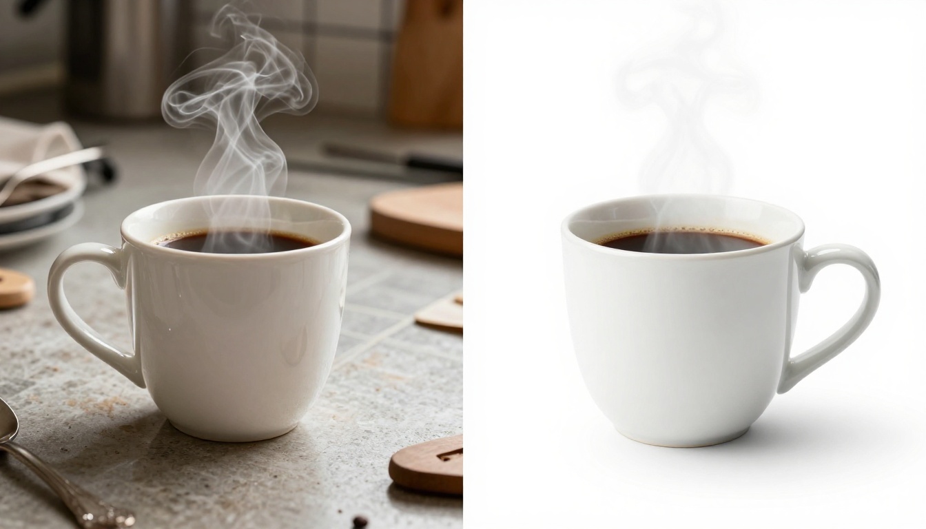 Before and after product photo comparison showing a coffee mug with and without background demonstrating clean AI removal Before and after product photo comparison showing a coffee mug with and without background demonstrating clean AI removal