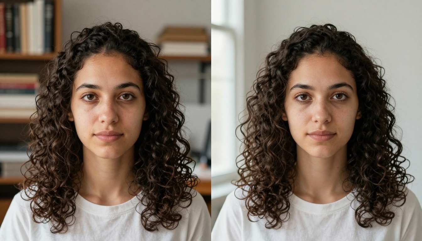Before and after portrait headshot comparison with professional clean background applied by AI