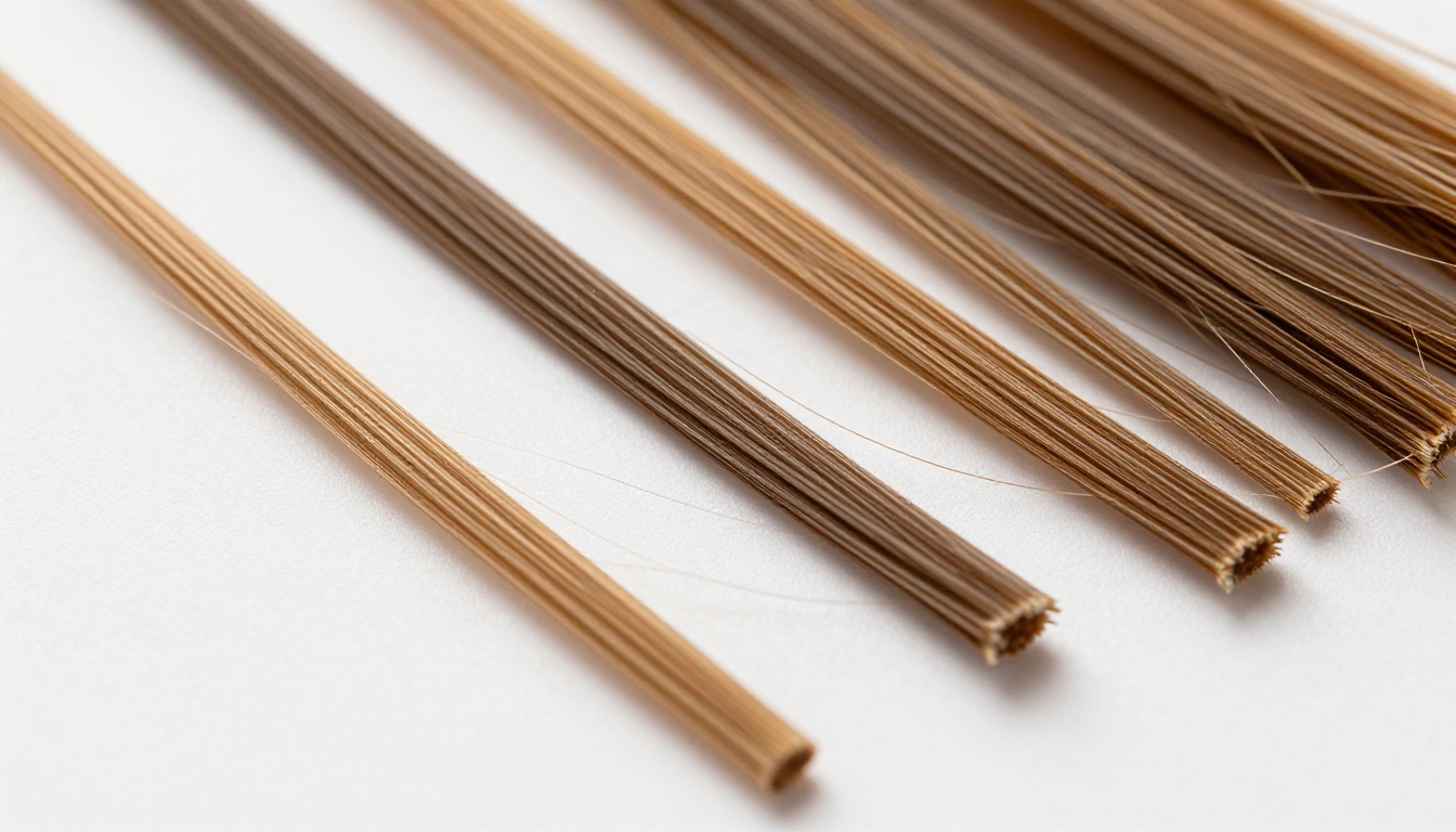 Extreme macro close-up of individual human hair strands on pure white studio surface showing microscopic cuticle texture and precise clean-cut edges