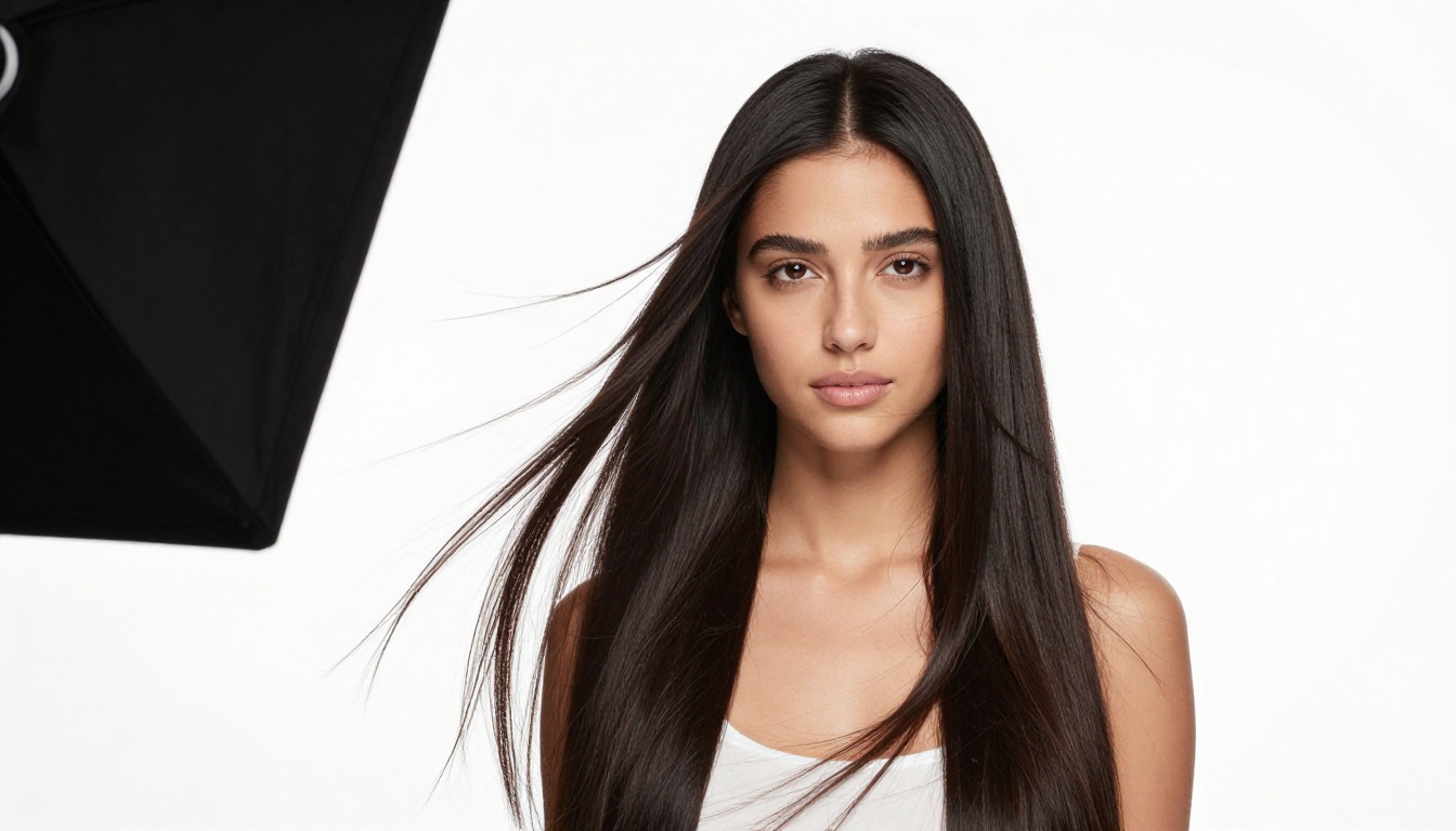 Professional studio portrait of a beautiful young woman with long straight dark hair perfectly isolated against clean pure white background, every individual hair strand rendered with photographic precision