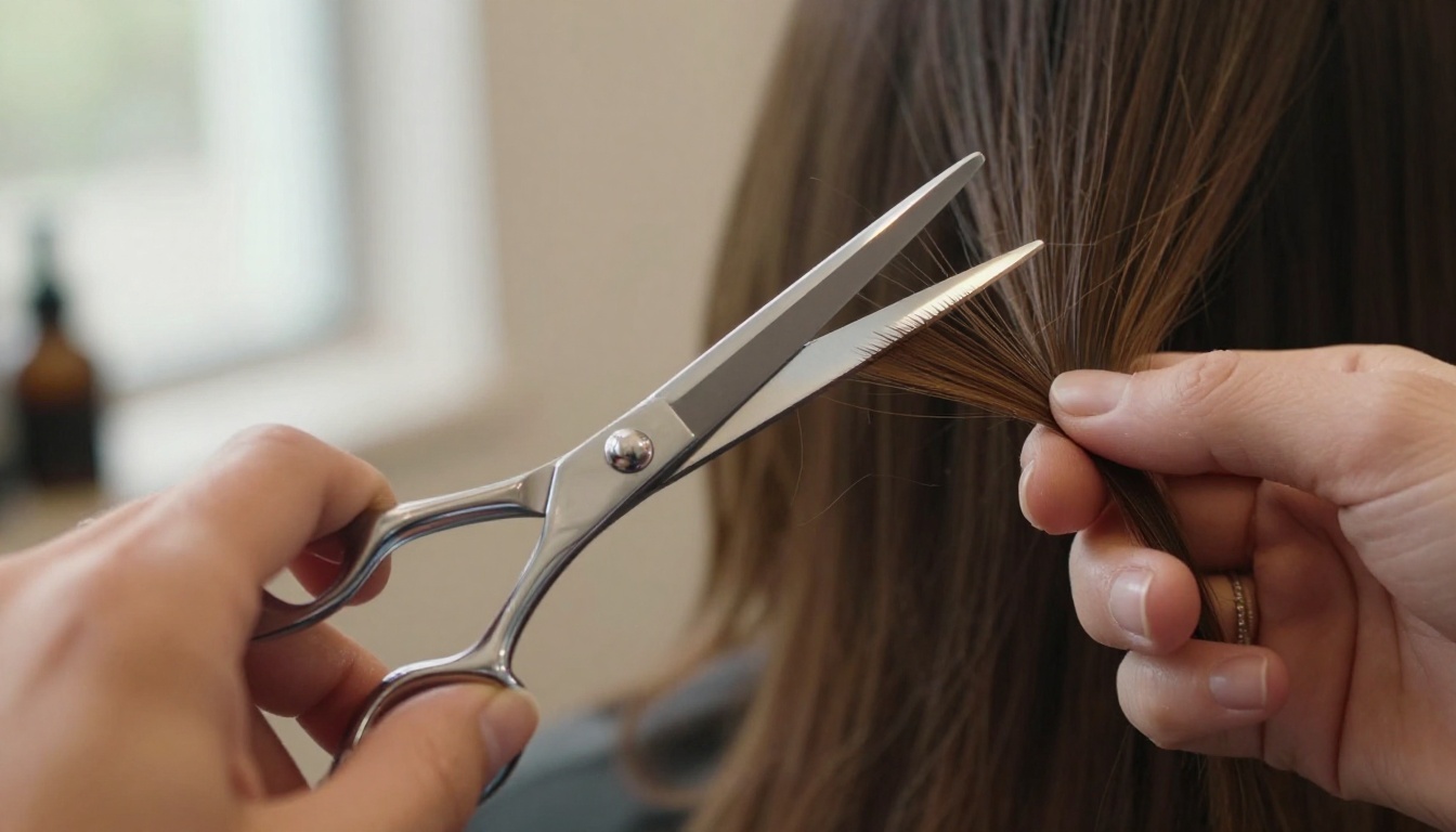 Professional chrome haircutting scissors close-up held in hairstylist hand with fine brown hair strands held taut between open blades, warm salon bokeh background, morning window light catching blade edges Professional chrome haircutting scissors close-up held in hairstylist hand with fine brown hair strands held taut between open blades, warm salon bokeh background, morning window light catching blade edges