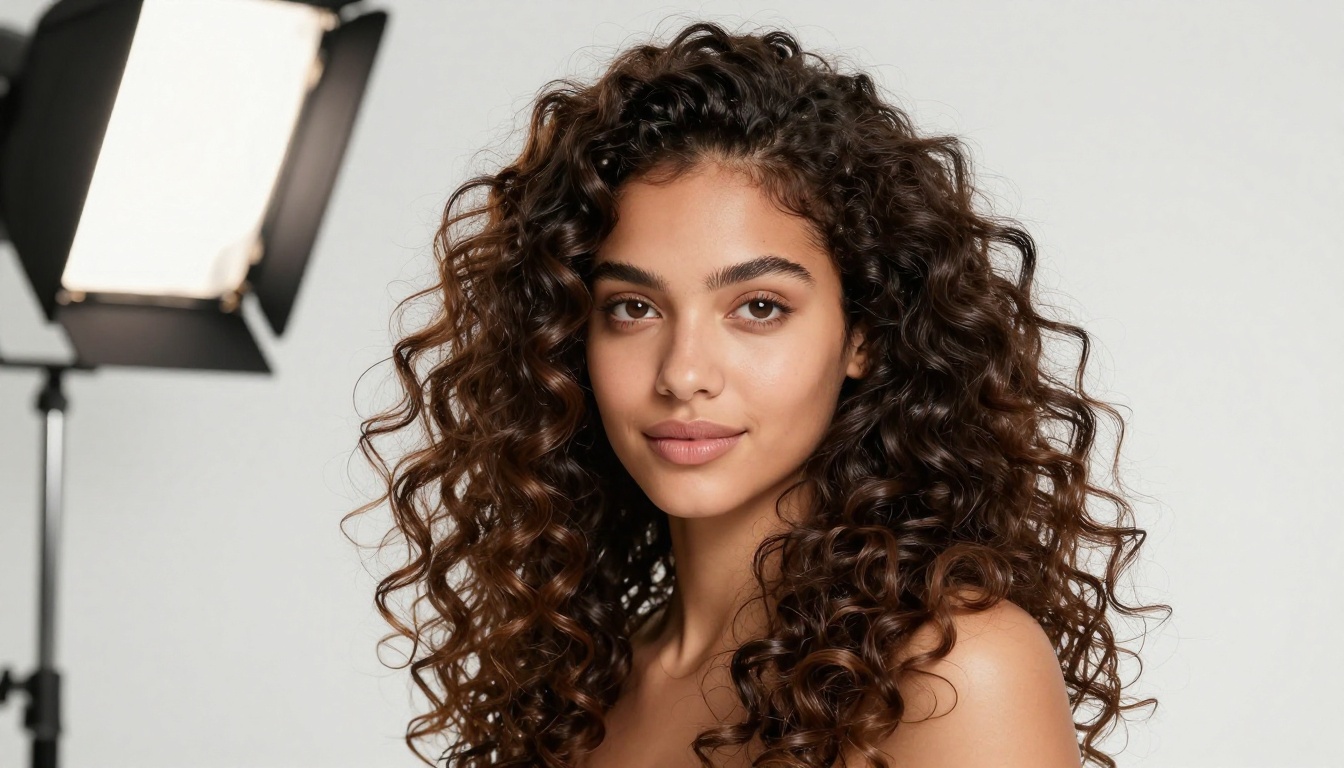 Beautiful young woman with voluminous natural curly hair isolated against clean white background, each curl and ringlet rendered with extraordinary photographic detail and natural frizz texture at edges