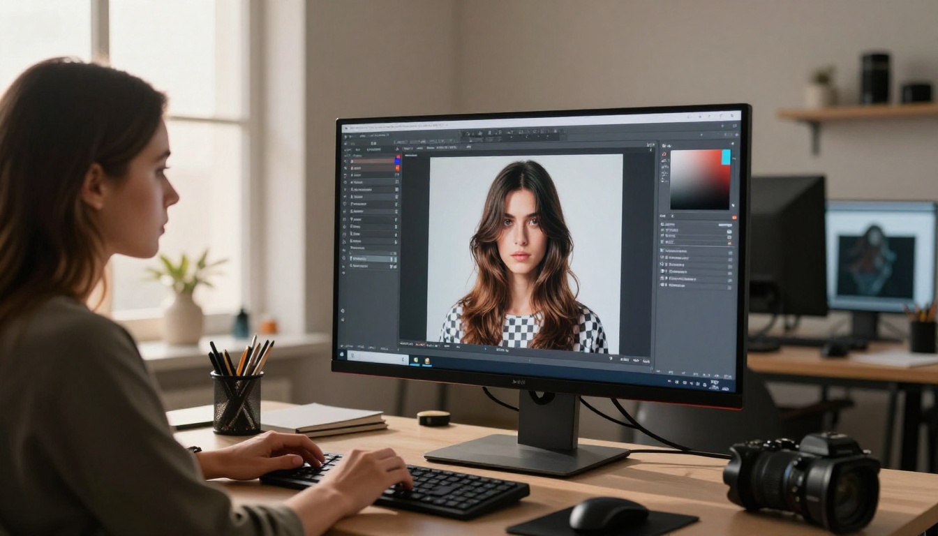 Professional female photographer at modern computer workstation editing portrait photo with detailed hair selection mask visible on high-resolution monitor screen