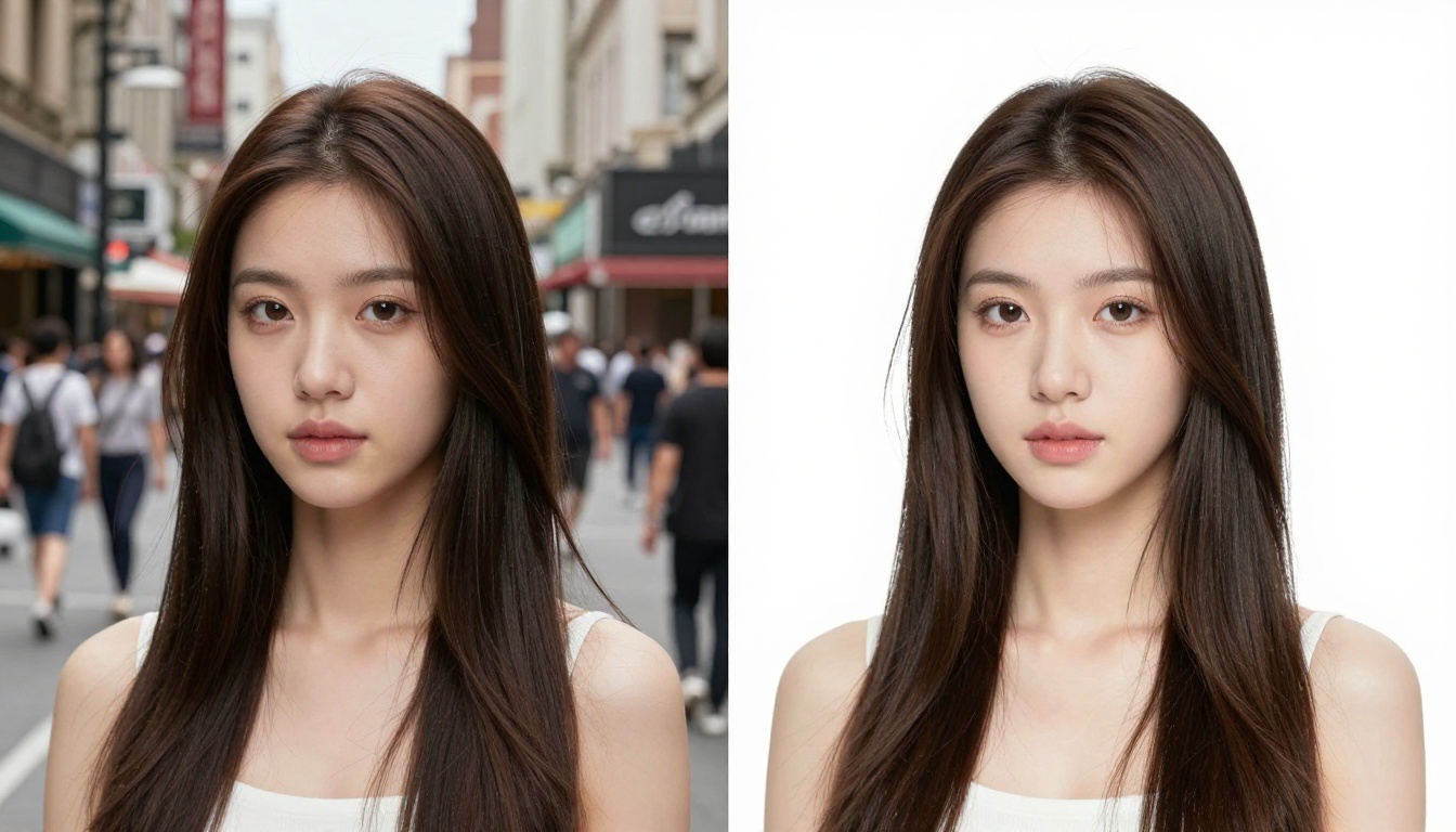 Split-composition beauty photography showing woman portrait with busy cluttered urban background on left versus perfectly isolated pure white background on right, every flyaway hair strand preserved with pixel accuracy Split-composition beauty photography showing woman portrait with busy cluttered urban background on left versus perfectly isolated pure white background on right, every flyaway hair strand preserved with pixel accuracy