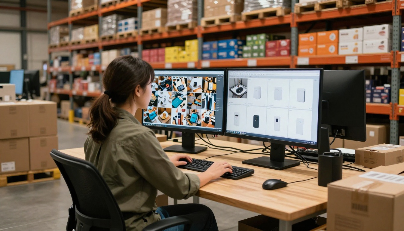 E-commerce warehouse worker reviewing product photos on dual monitors