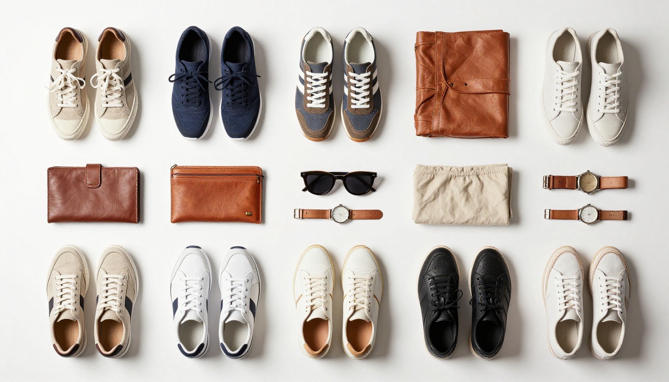 Aerial flat lay of twenty diverse fashion products on pure white surface
