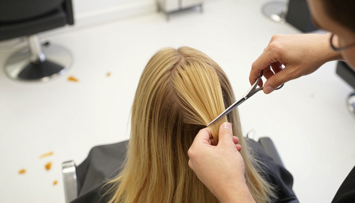 Professional hairstylist cutting layered sections of client's blonde hair in upscale salon, aerial overhead camera angle looking straight down, scissors positioned mid-cut, white salon floor with scattered golden clippings
