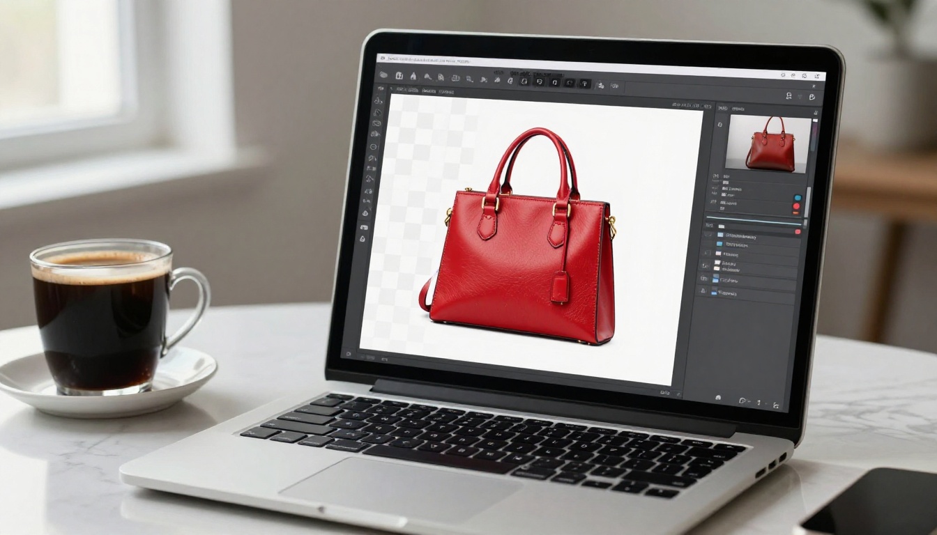 Laptop screen showing AI background removal interface processing a leather handbag