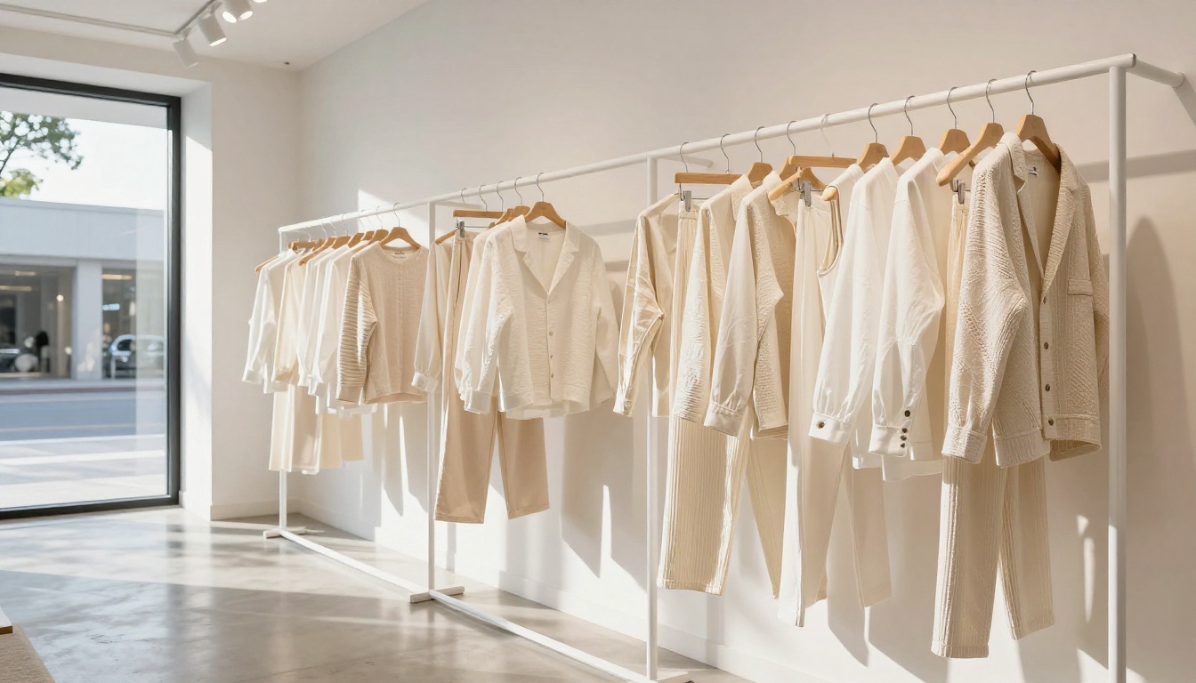 Fashion clothing hanging on white metal racks in a minimalist boutique