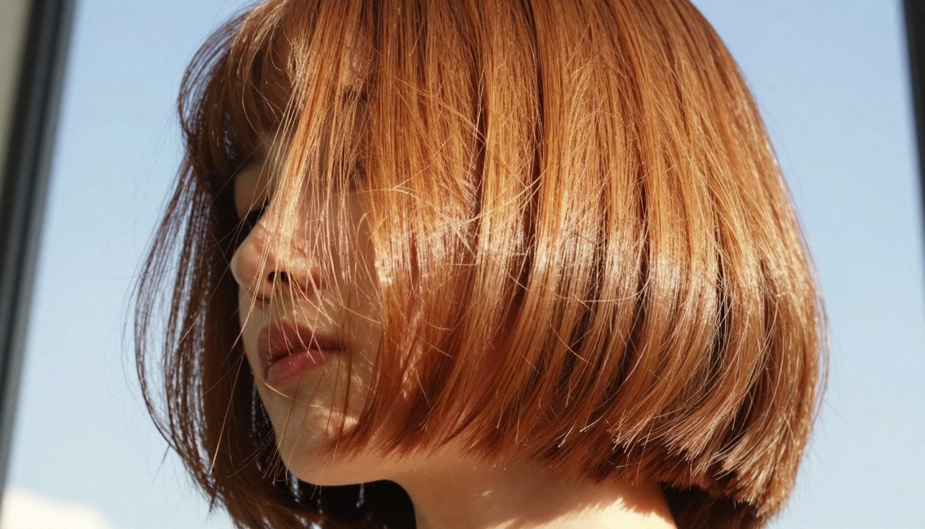 Close-up low-angle shot looking upward at freshly cut hair ends backlit by soft natural daylight creating luminous translucent halo effect, individual strands glowing with warm chestnut tones against bright window background Close-up low-angle shot looking upward at freshly cut hair ends backlit by soft natural daylight creating luminous translucent halo effect, individual strands glowing with warm chestnut tones against bright window background