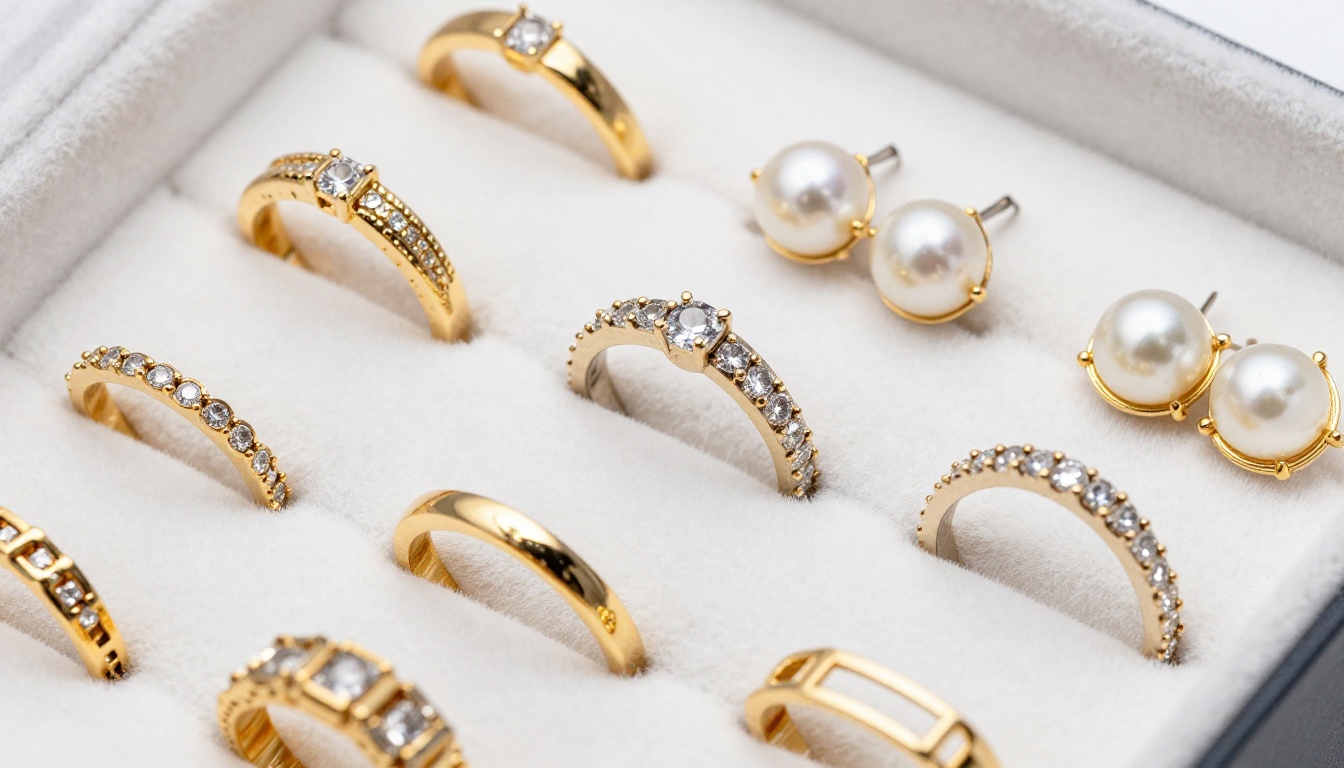 Luxury jewelry pieces including gold rings and pearl necklaces on white velvet
