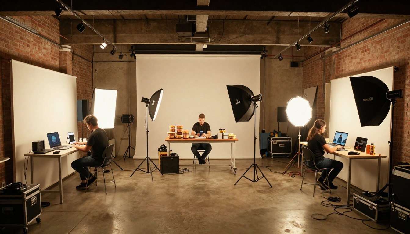 Busy e-commerce photo studio with multiple product shooting stations active